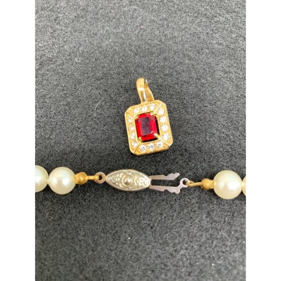 8mm Faux Pearl Necklace 18" with Red Pendant - Picture 5 of 6